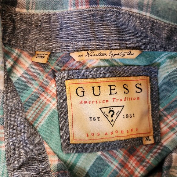 Vtg GUESS Pearl Snap Western Button Up Long Green Plaid Embroidered Men Xl - Picture 3 of 16
